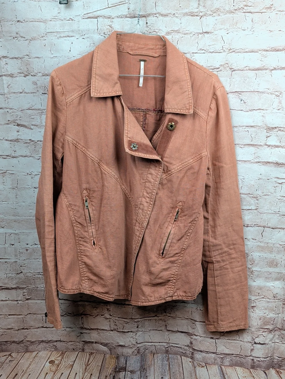 Free People Rosewood Washed Linen Blend Moto Jacket- Womens Size Small Like New - Picture 1 of 8
